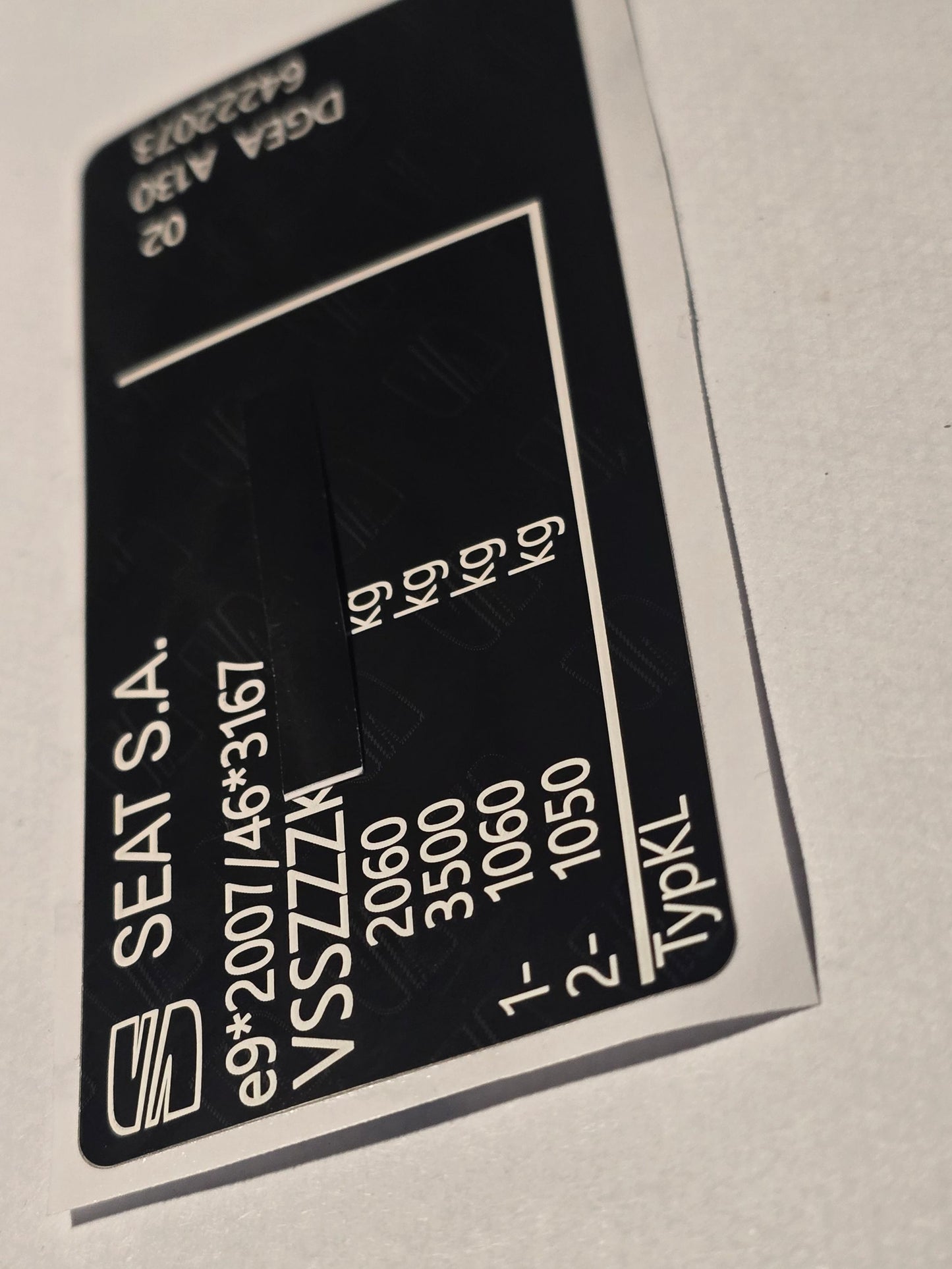 Order a complete SEAT VIN replacement set including a SEAT door / B-pillar VIN label, SEAT windscreen VIN sticker, and SEAT chassis VIN plate. Manufactured in the UK using durable automotive-grade materials for long-term reliability.