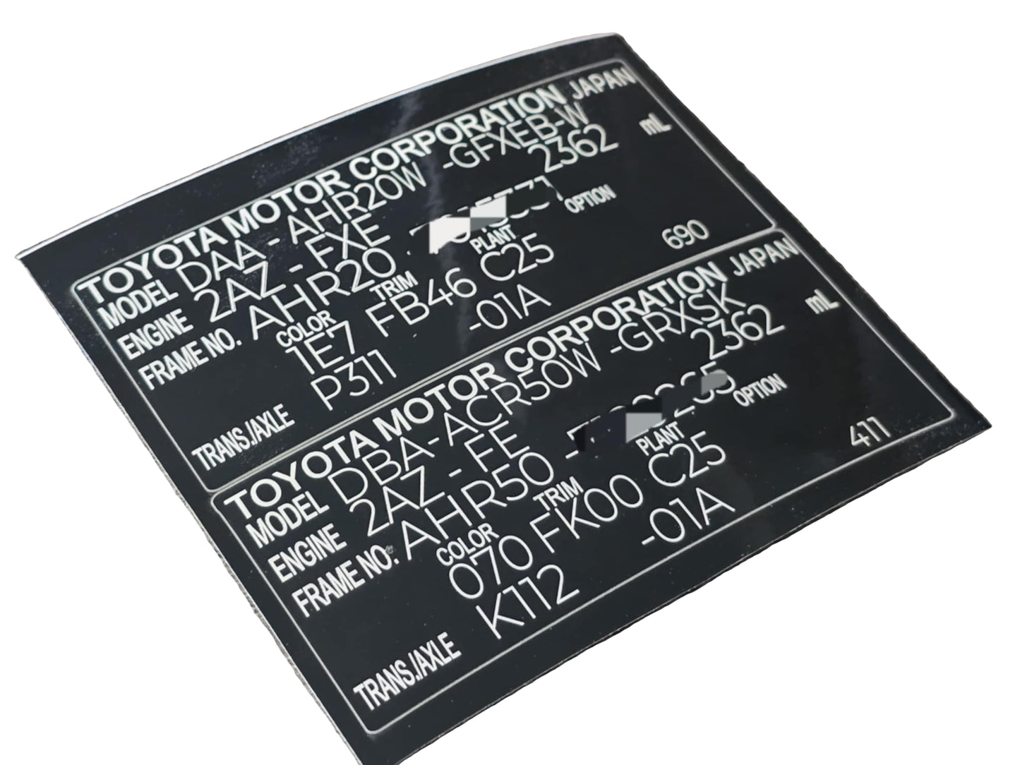 VIN labels Toyota VSUK