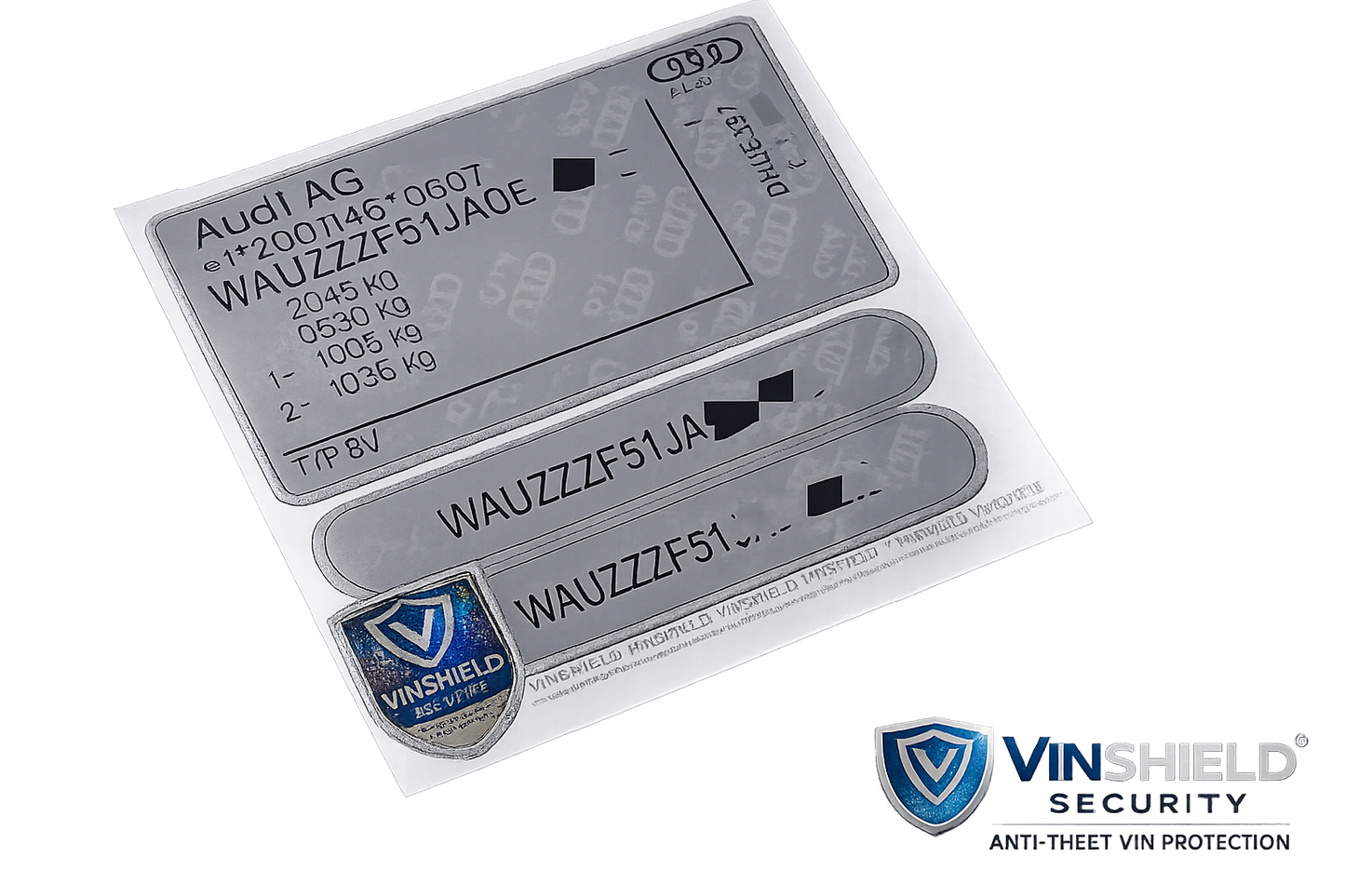 Order a complete Audi VIN replacement set including an Audi door / B-pillar VIN label, Audi windscreen VIN sticker, and Audi chassis VIN plate. Manufactured in the UK using durable automotive-grade materials for a clean, professional finish.