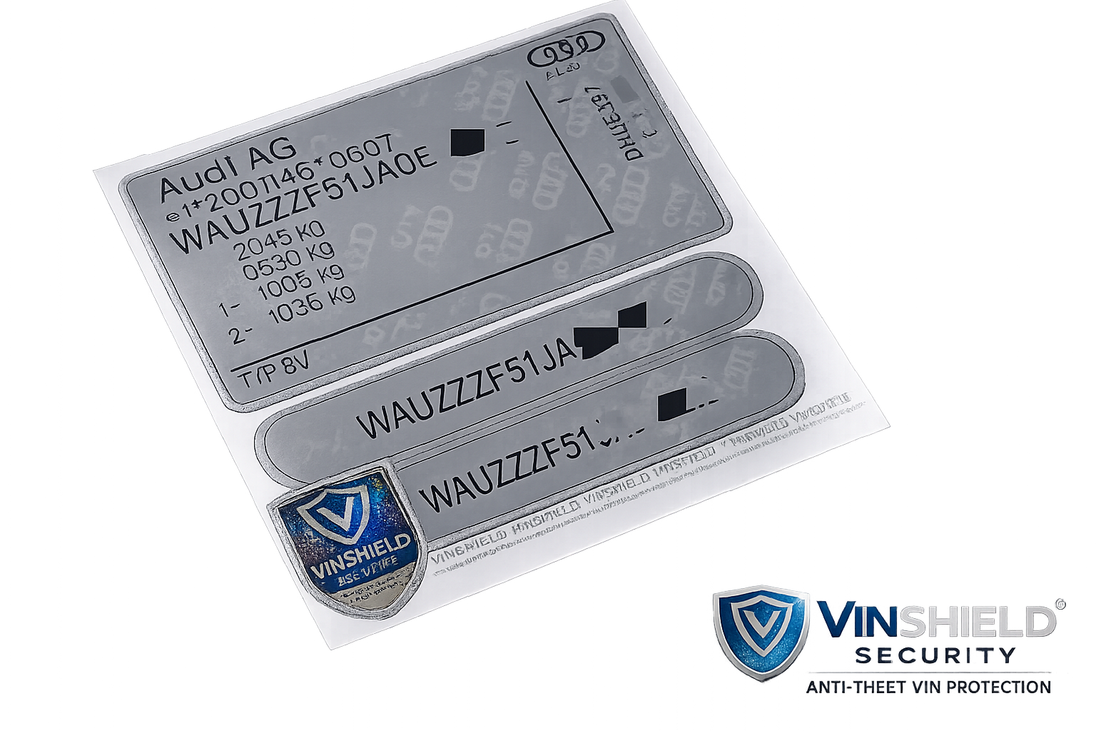 Order a complete Audi VIN replacement set including an Audi door / B-pillar VIN label, Audi windscreen VIN sticker, and Audi chassis VIN plate. Manufactured in the UK using durable automotive-grade materials for a clean, professional finish.