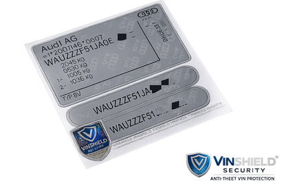 Order a complete Audi VIN replacement set including an Audi door / B-pillar VIN label, Audi windscreen VIN sticker, and Audi chassis VIN plate. Manufactured in the UK using durable automotive-grade materials for a clean, professional finish.