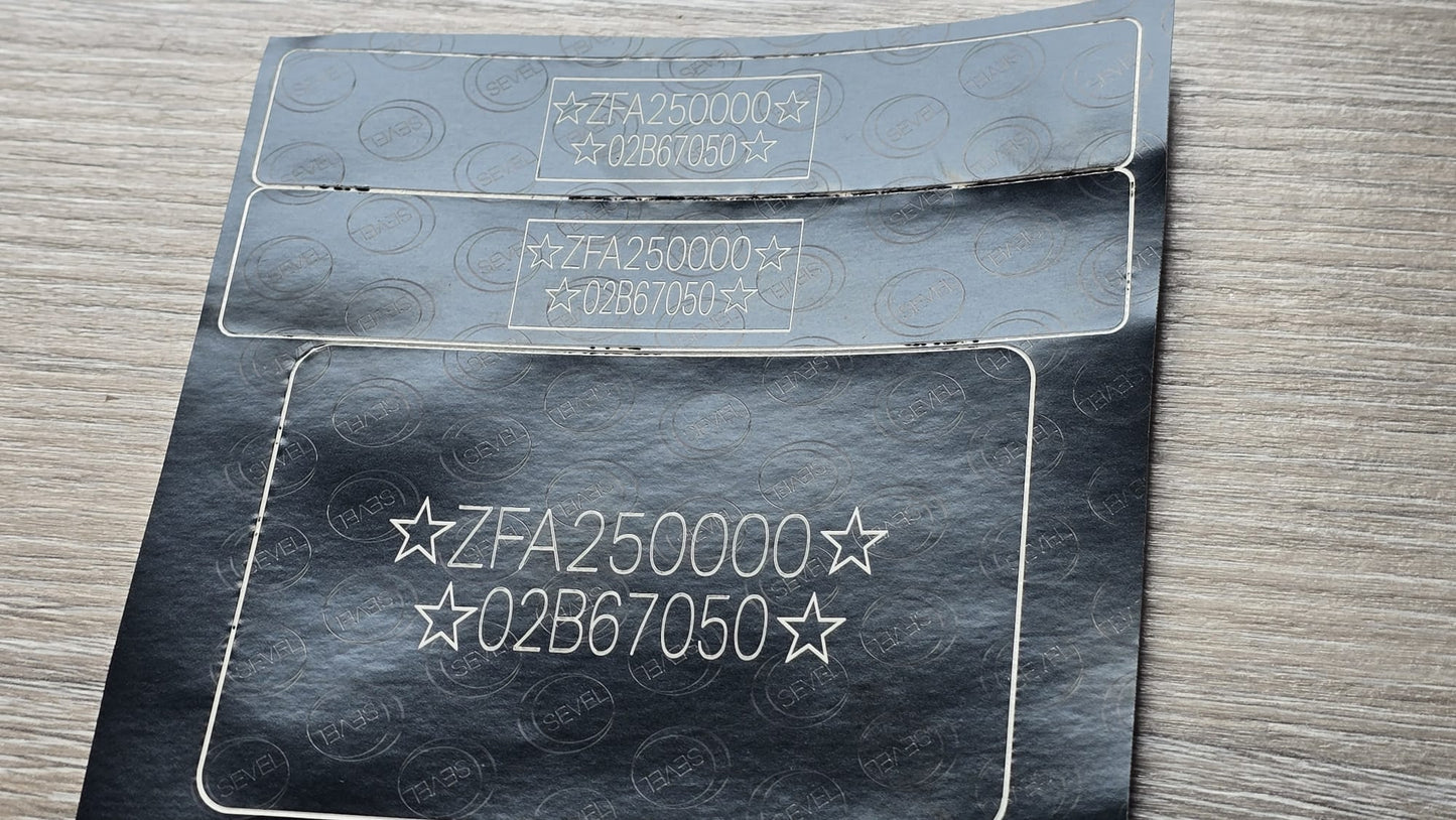 Order a complete 
 VIN replacement set including a  Fiat camper door / B-pillar VIN label,  Fiat motorhome windscreen VIN sticker, and  Fiat RV chassis VIN plate. Manufactured in the UK using durable automotive-grade materials for long-lasting identification.