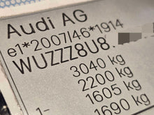 Close-up of Audi replacement VIN stickers UK showing vehicle identification and weight specifications