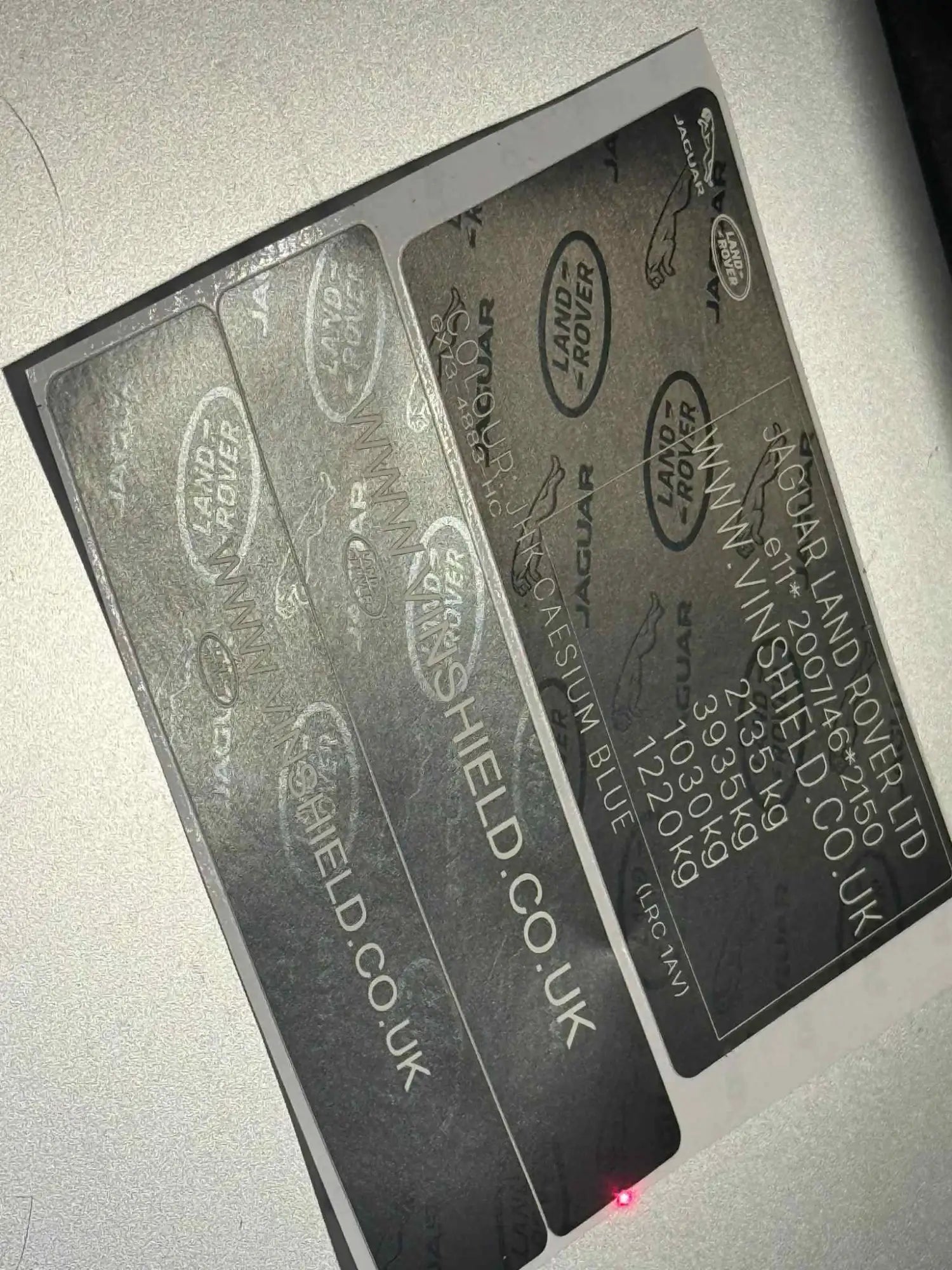 Jaguar Land Rover VIN sticker replacement set with durable, weatherproof labels for vehicle identification and restoration.