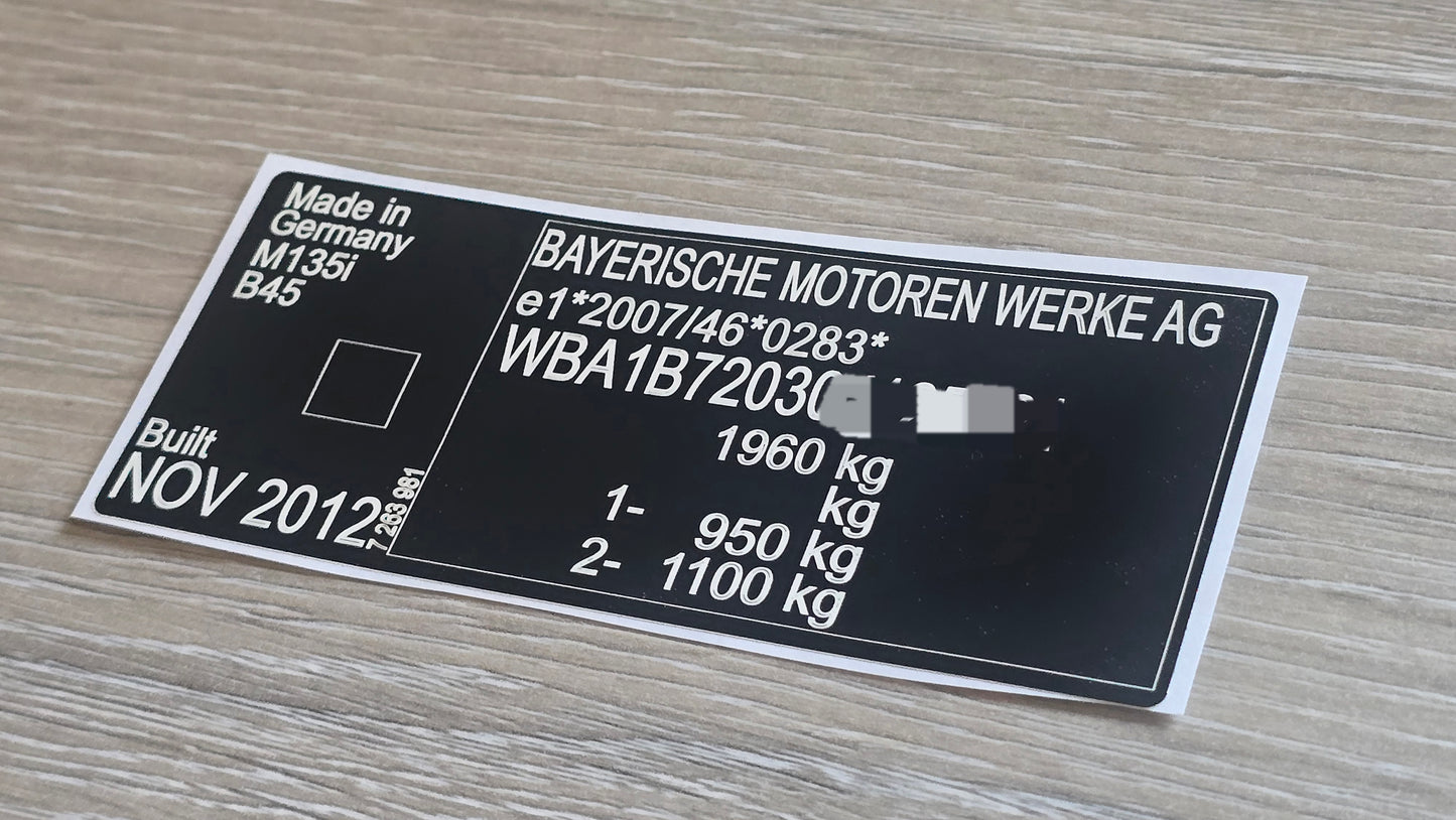 BMW 135i replacement VIN sticker UK showing vehicle details made in Germany by Bayerische Motoren Werke AG