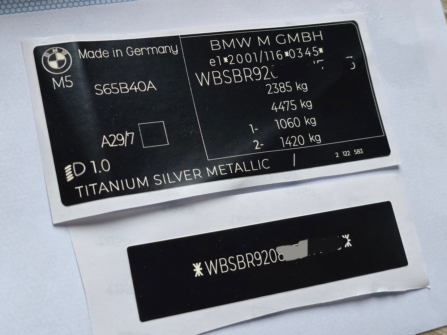 Vin stickers chassis plates vin tags data plates anti tamper vin labels for BMW M5 with detailed vehicle info BMW UK – BMW VIN stickers and car VIN labels

Mercedes-Benz UK – Mercedes VIN decals and tamper-proof VIN stickers

Audi UK – Audi vehicle identification number stickers and OEM VIN labels

Ford UK – Ford VIN stickers, custom automotive VIN labels

Toyota UK – Toyota VIN decals and replacement VIN stickers

Volkswagen UK – VW VIN stickers and durable car VIN labels

Honda UK – Honda VIN decals, tamp