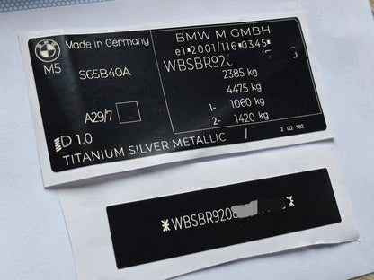 Vin stickers chassis plates vin tags data plates anti tamper vin labels for BMW M5 with detailed vehicle info BMW UK – BMW VIN stickers and car VIN labels

Mercedes-Benz UK – Mercedes VIN decals and tamper-proof VIN stickers

Audi UK – Audi vehicle identification number stickers and OEM VIN labels

Ford UK – Ford VIN stickers, custom automotive VIN labels

Toyota UK – Toyota VIN decals and replacement VIN stickers

Volkswagen UK – VW VIN stickers and durable car VIN labels

Honda UK – Honda VIN decals, tamp