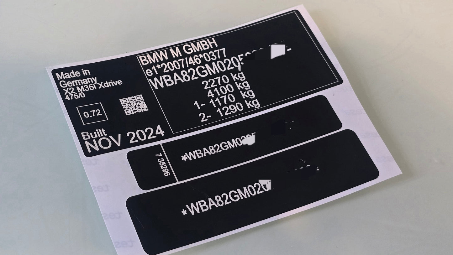 BMW X2 M35i VIN replacement door sticker with vehicle details and compliance information