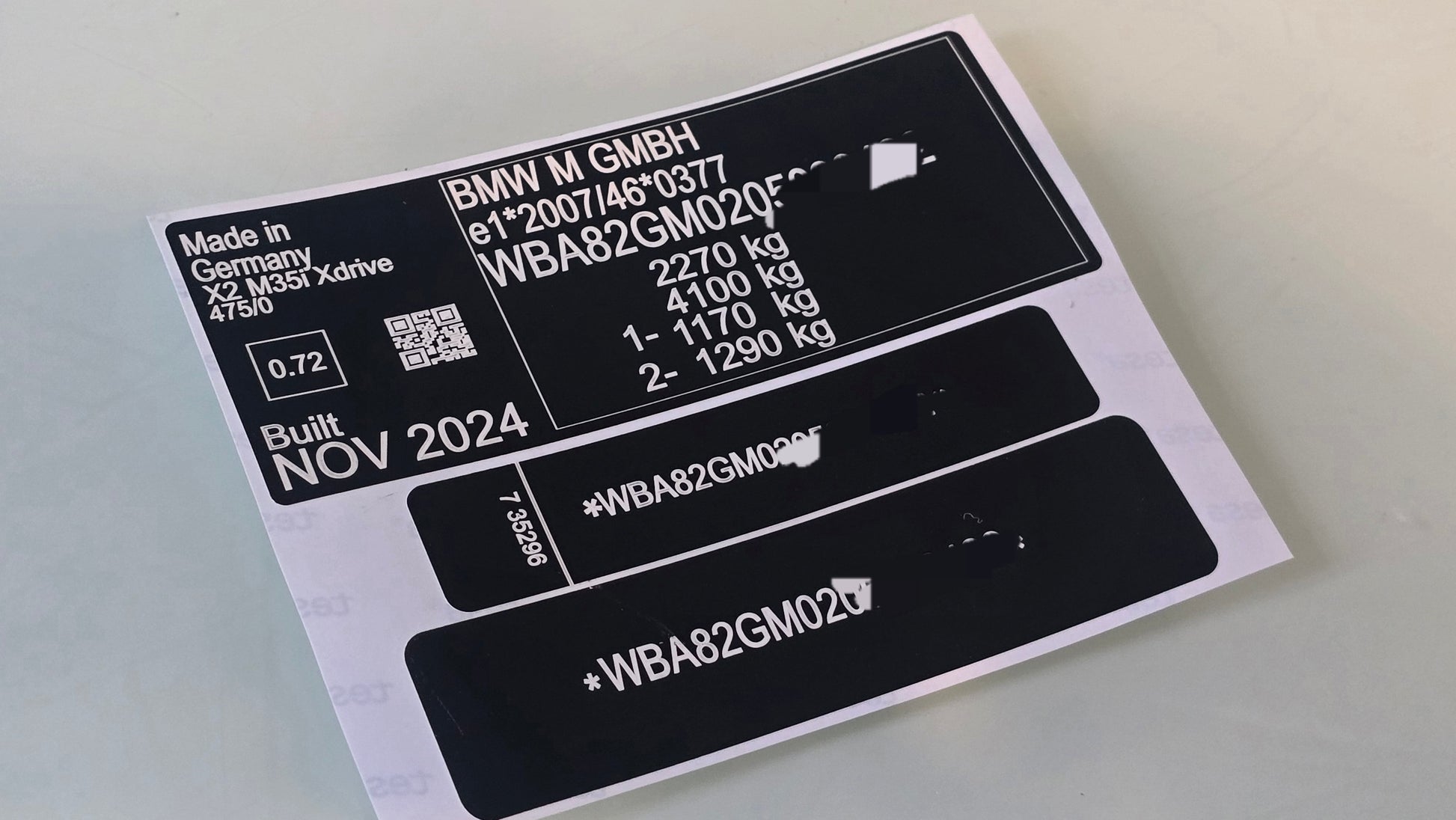 BMW X2 M35i VIN replacement door sticker with vehicle details and compliance information
