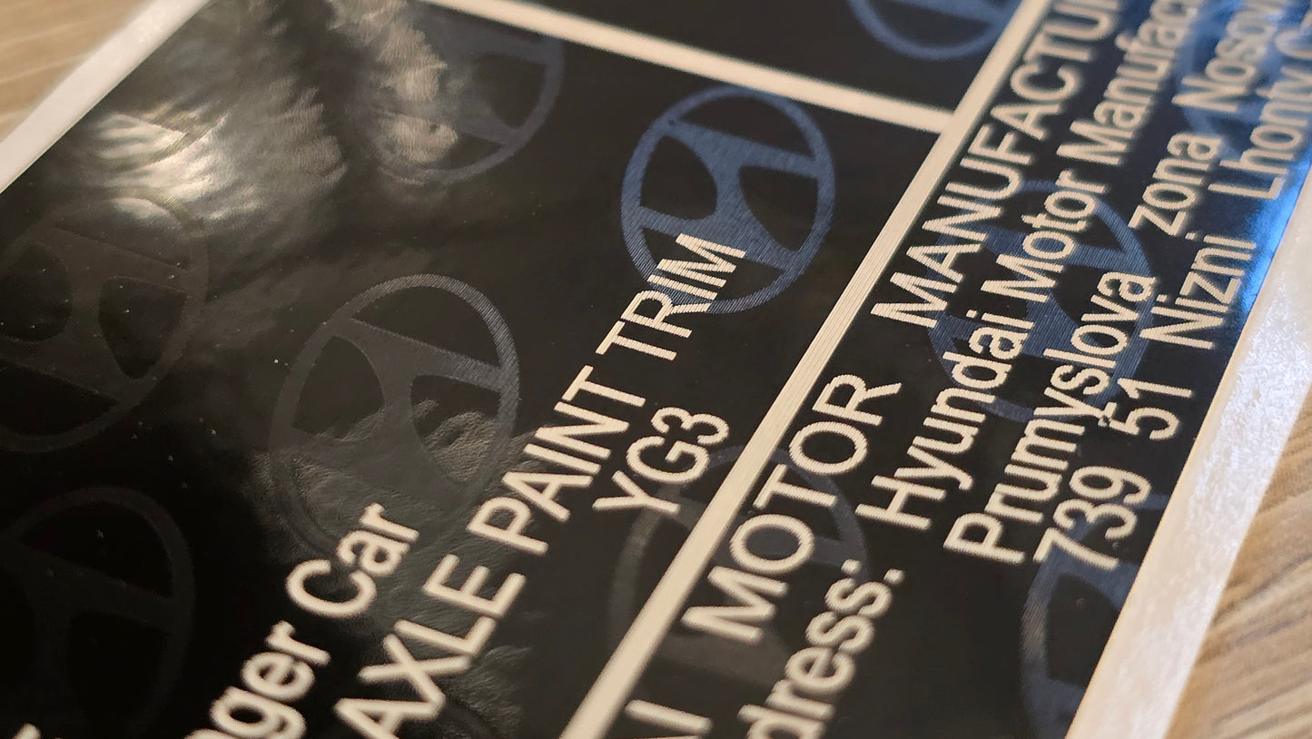 Hyundai Ioniq VIN label replacement UK close-up showing paint trim and motor manufacturer details by VINSHIELD UK