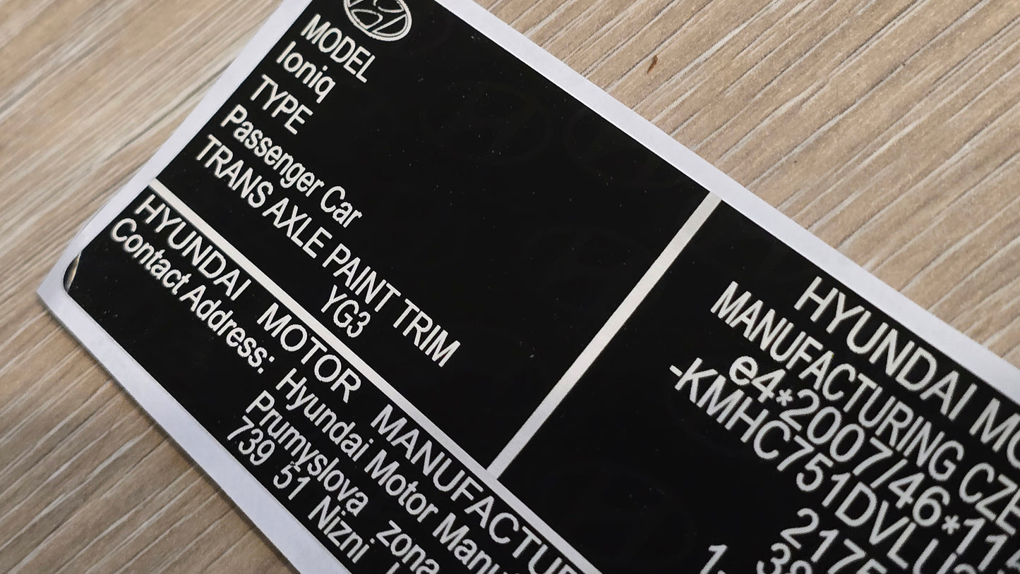 Hyundai Ioniq VIN label replacement UK showing black and white vehicle identification details