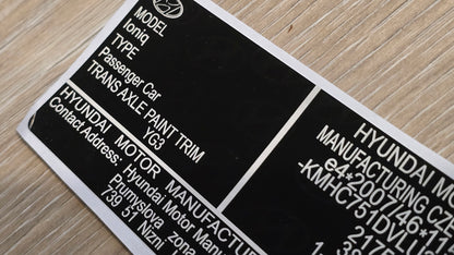 Hyundai Ioniq VIN label replacement UK showing black and white vehicle identification details