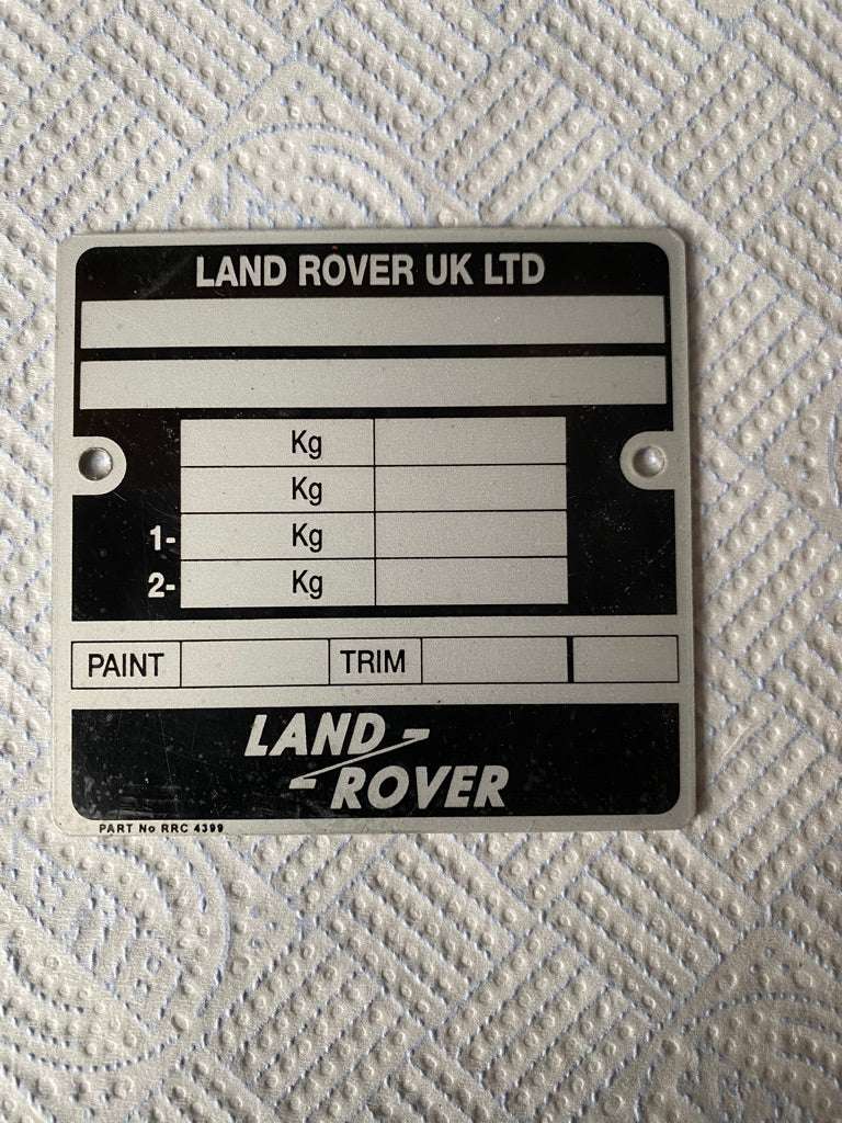 Land Rover UK LTD data plate with weight and paint trim details vin stickers vin plates chassis plates vin tags data plates anti tamper vin labels
