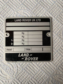 Land Rover UK LTD data plate with weight and paint trim details vin stickers vin plates chassis plates vin tags data plates anti tamper vin labels