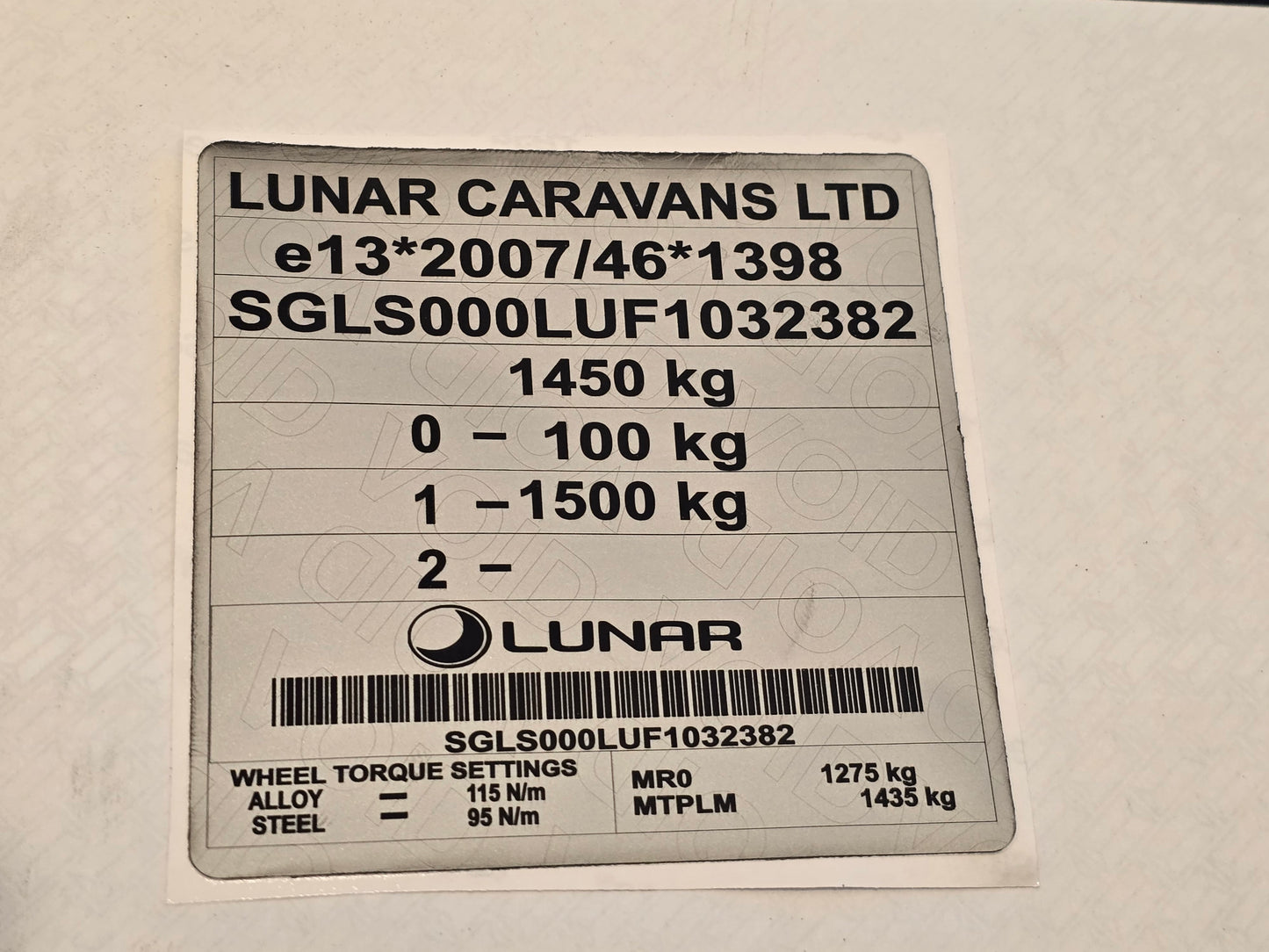 VINSHIELD UK lunar caravan white data plate with chassis number and wheel torque settings vin stickers vin plates chassis plates vin tags data plates anti tamper vin labels