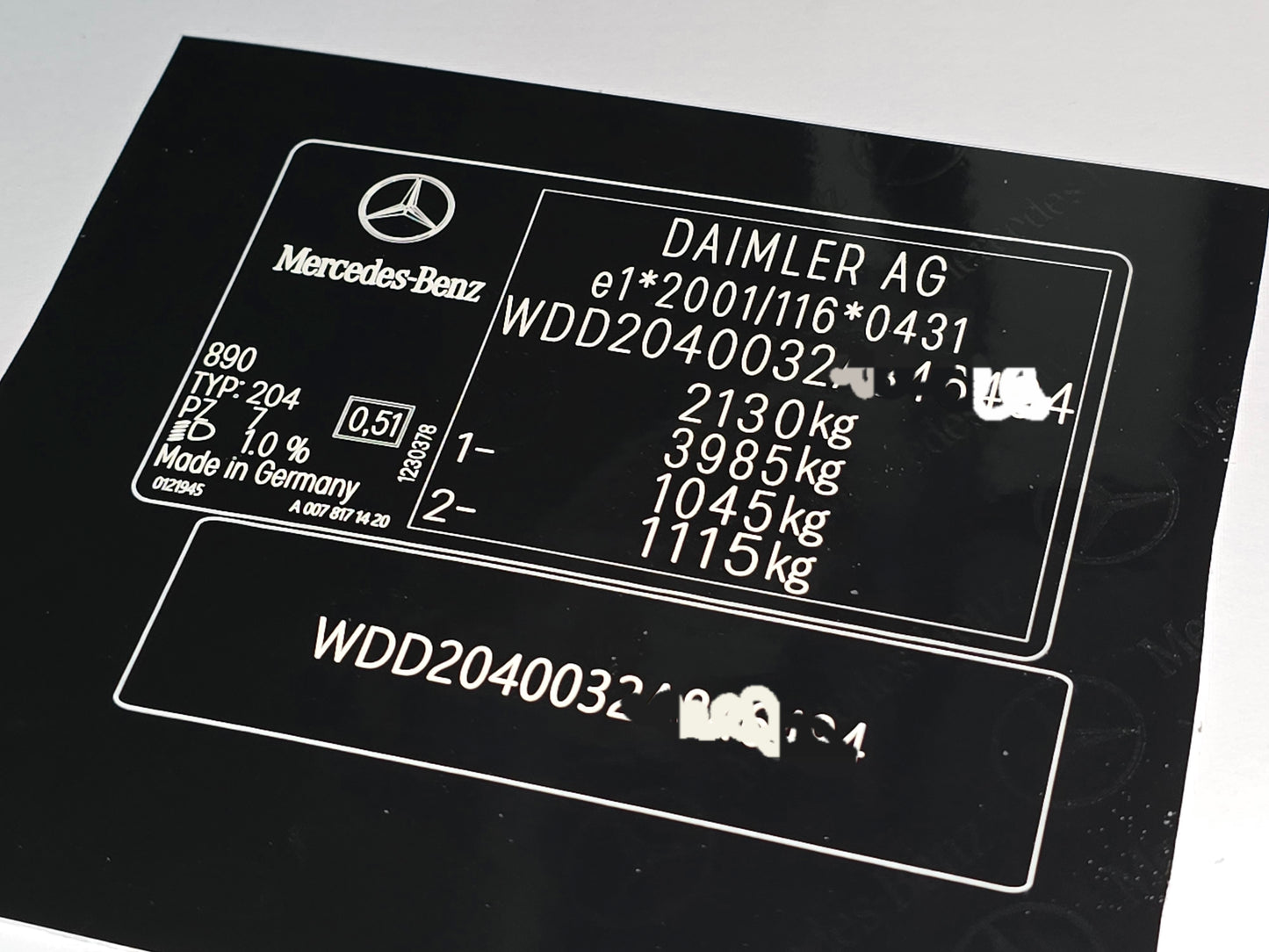 Mercedes-Benz c220 VIN label replacement UK showing detailed vehicle identification and weight specifications