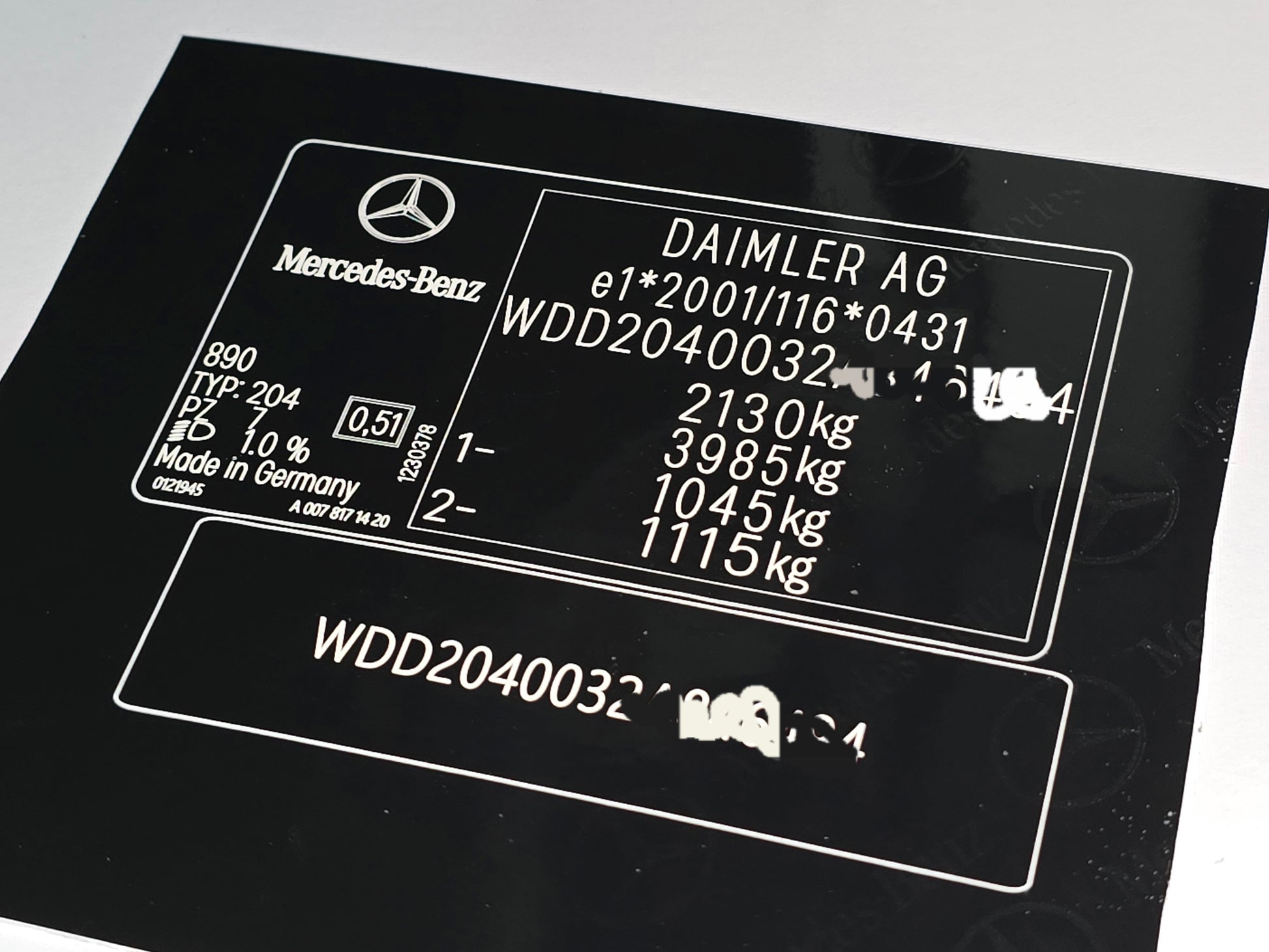 Mercedes-Benz c220 VIN label replacement UK showing detailed vehicle identification and weight specifications