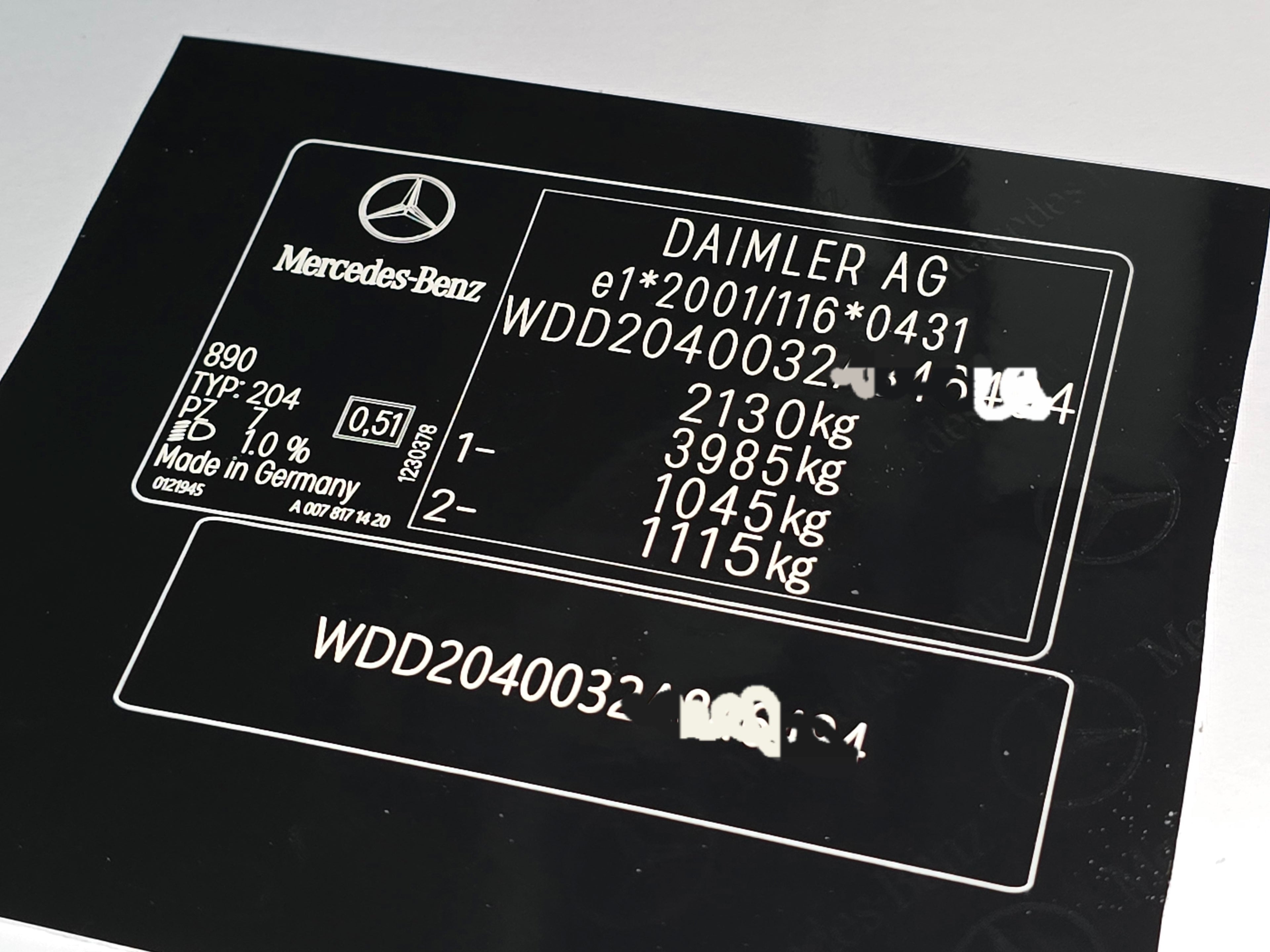 Mercedes-Benz c220 VIN label replacement UK showing detailed vehicle identification and weight specifications