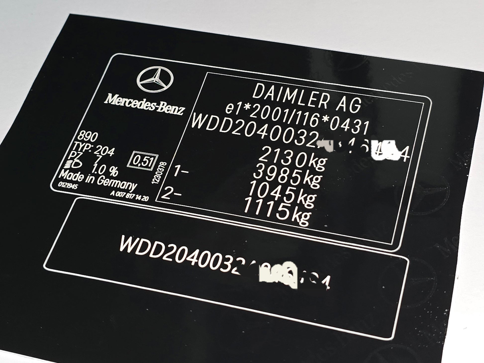 Mercedes-Benz c220 replacement VIN sticker set with technical vehicle details and weights, made in Germany, black background with white print