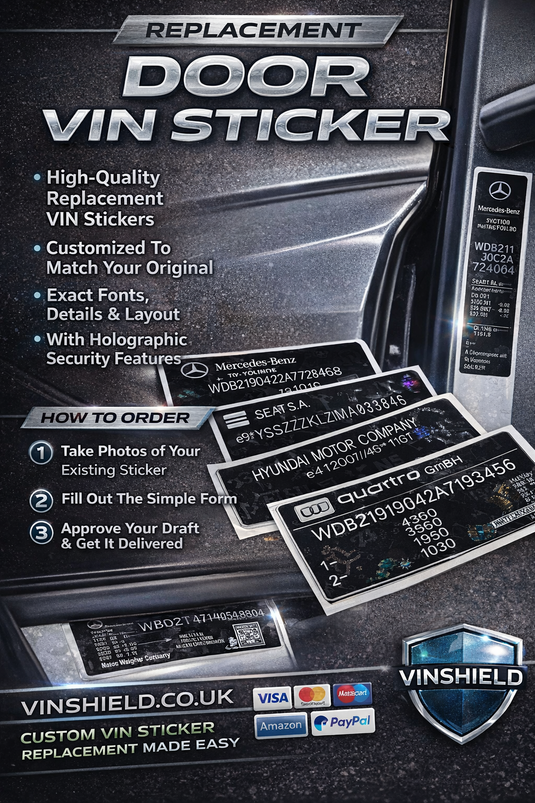 Replacement door VIN sticker for B pillar post, high-quality, customized with exact fonts and holographic security, displayed on car door frame.