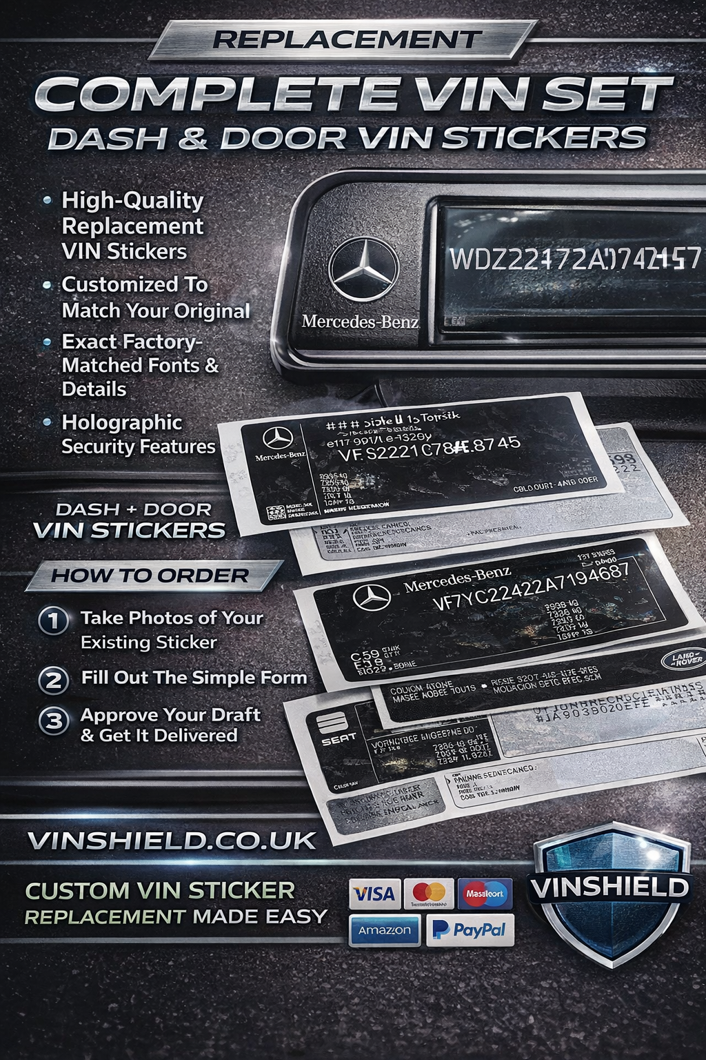 Complete replacement VIN sticker set with windscreen and door labels customized for Mercedes-Benz, featuring high-quality, durable, and holographic security prints.