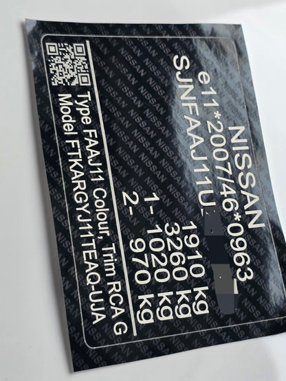 Replacement VIN Stickers for NISSAN - VIN SHIELD UK LTD