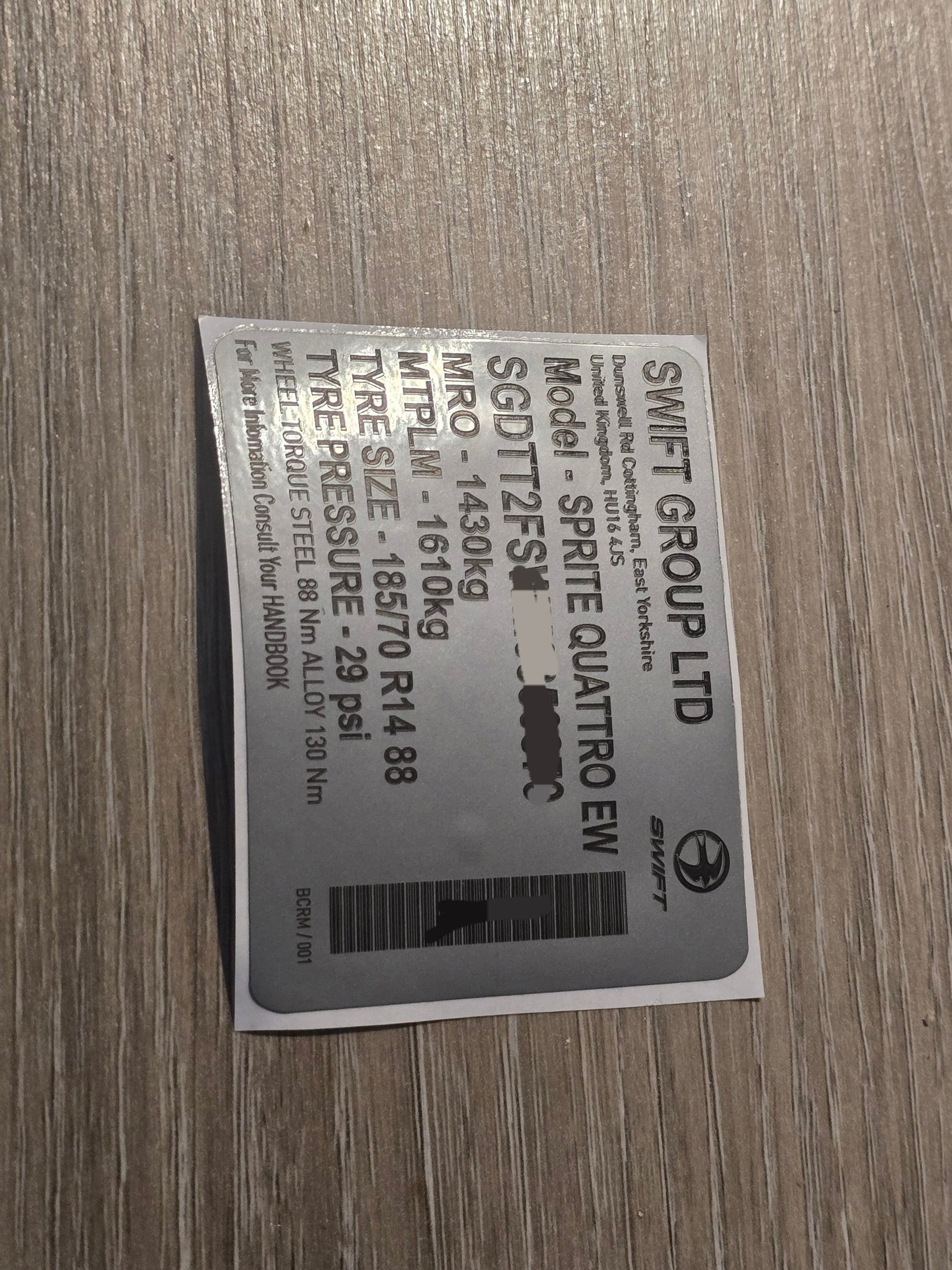 VINSHIELD UK metal data plate with vehicle details, showcasing vin stickers, vin plates, chassis plates, vin tags, data plates, anti tamper vin labels