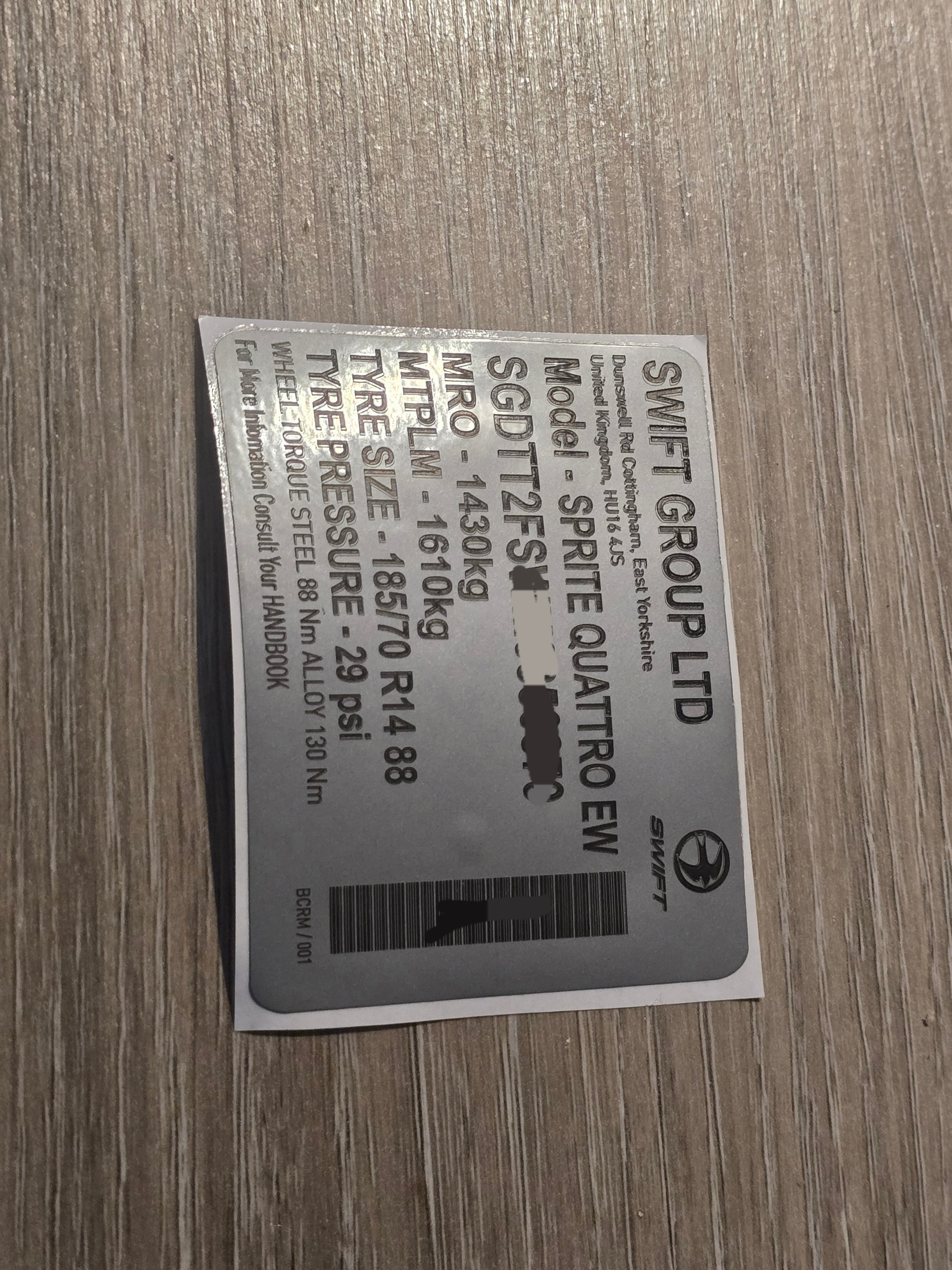 VINSHIELD UK metal data plate with vehicle details, showcasing vin stickers, vin plates, chassis plates, vin tags, data plates, anti tamper vin labels