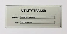 VSUK utility trailer data plate with GVWR and VIN for vin stickers vin plates chassis plates vin tags data plates anti tamper vin labels