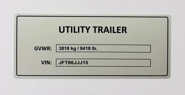 VSUK utility trailer data plate with GVWR and VIN for vin stickers vin plates chassis plates vin tags data plates anti tamper vin labels