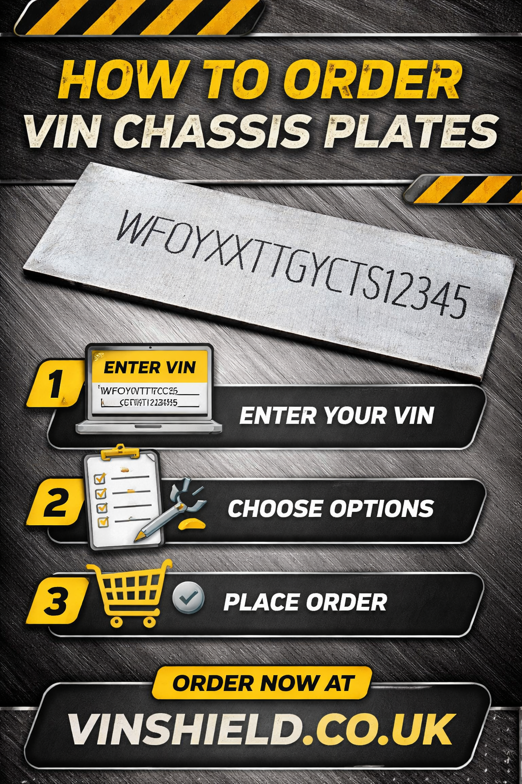 Metal VIN chassis plate with engraved VIN number and ordering instructions from VinShield.co.uk