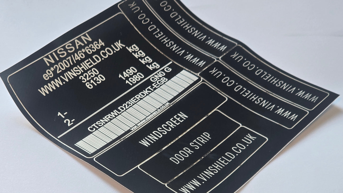 Nissan replacement VIN sticker with barcode and vehicle weight details by Vin Shield UK, anti-tamper and DVLA compliant.