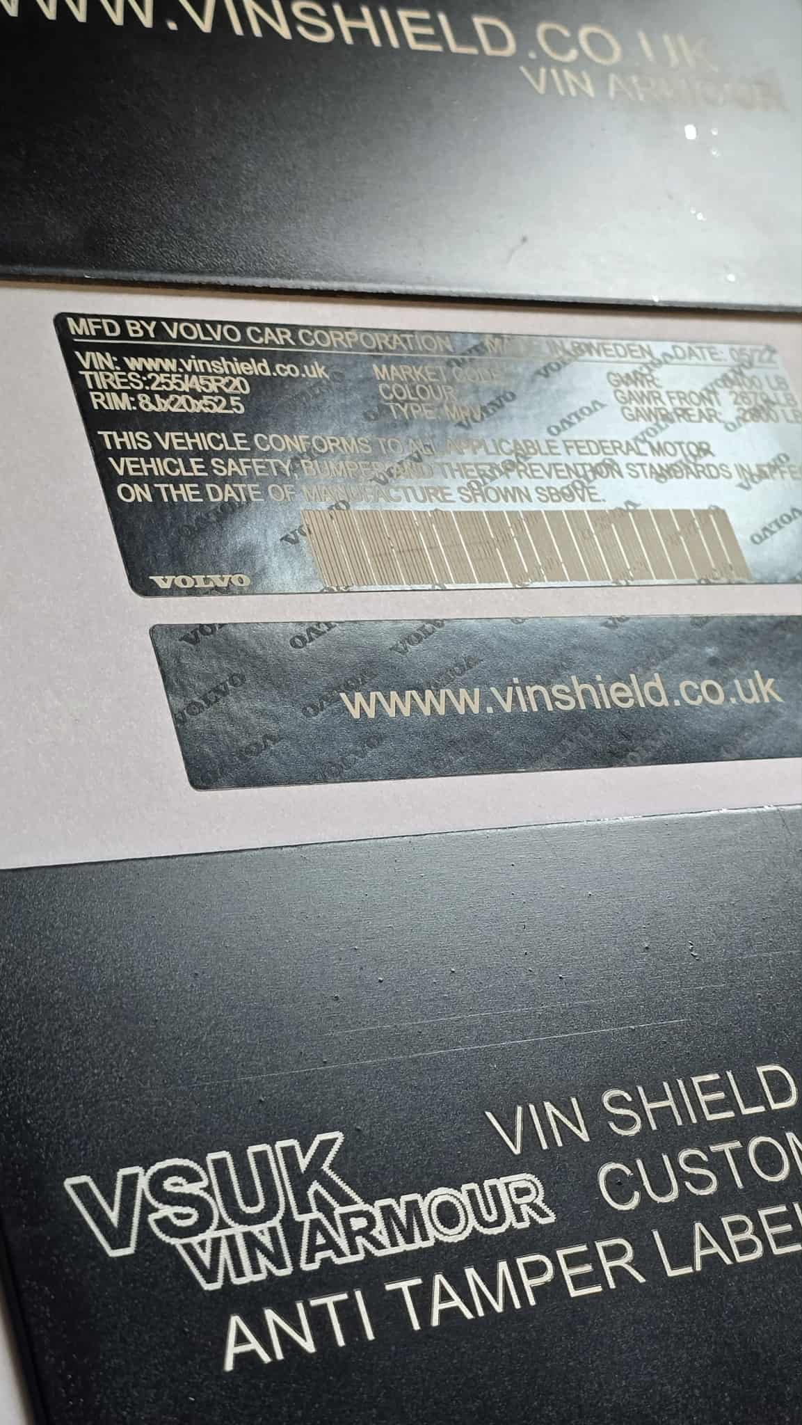 VSUK VIN Armour anti tamper vin labels on vehicle dashboard with vin stickers chassis plates vin tags and data plates
