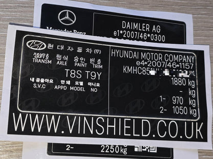 Vinshield UK black vin stickers chassis plates vin tags data plates anti tamper vin labels for Hyundai and Mercedes-Benz