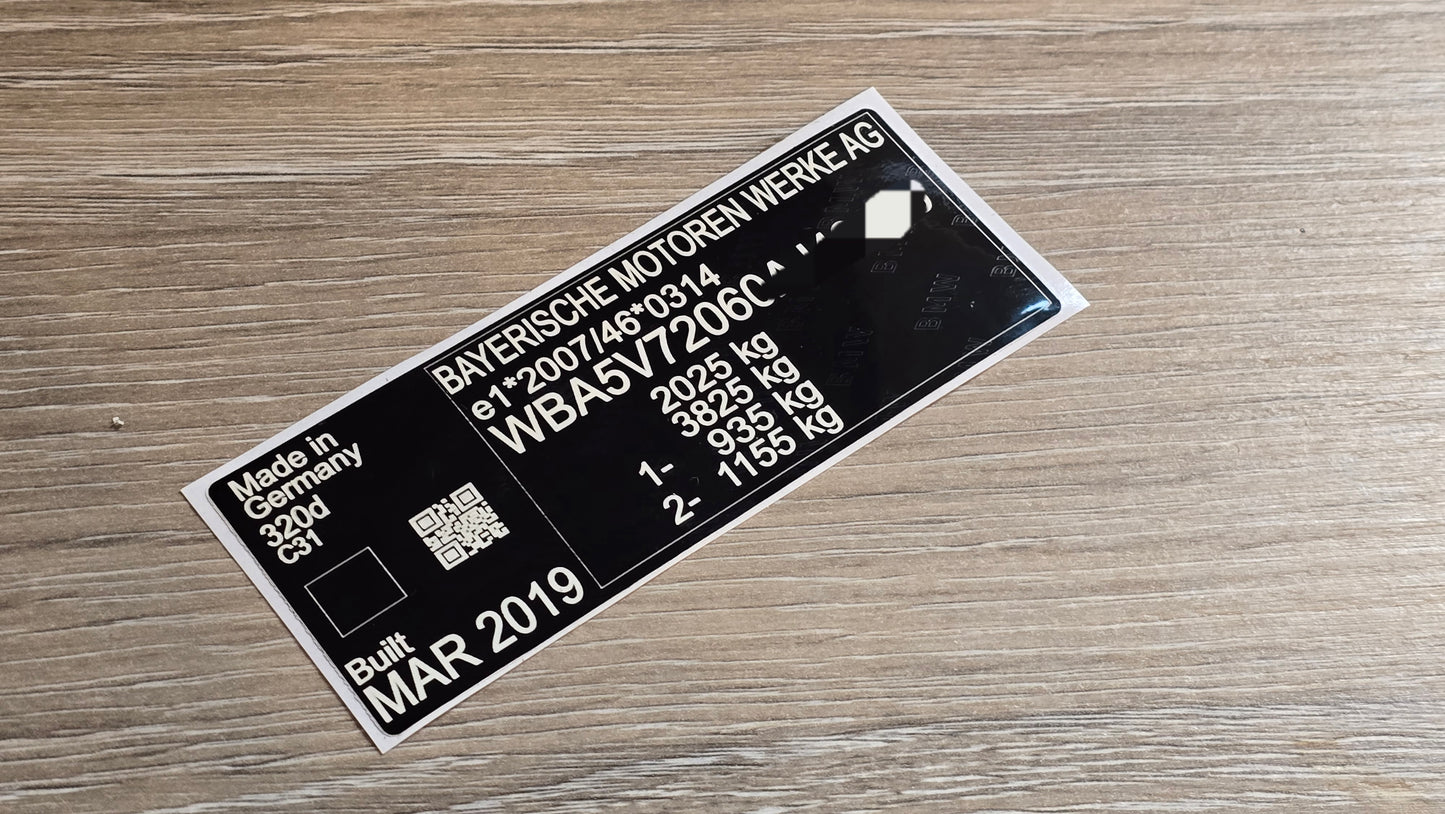 VINSHIELD UK chassis plate black and white with vehicle weight data and manufacturing details, vin stickers vin plates chassis plates vin tags data plates anti tamper vin labels