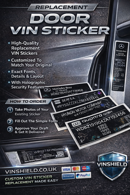 High-quality VIN stickers replacement door plates by VINSHIELD UK with holographic security features and custom data tags