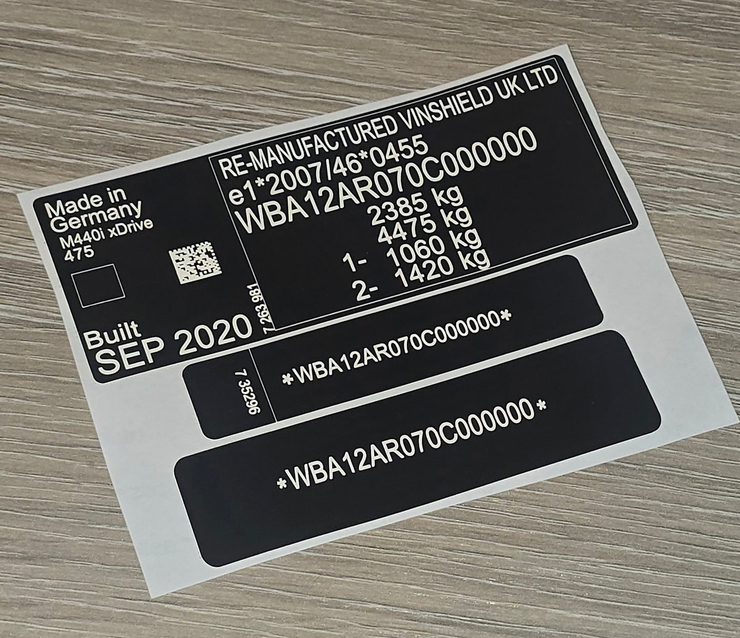 VINSHIELD UK vin stickers chassis plates vin tags data tags and data plates black decal sheet with vehicle information