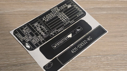 VINSHIELD UK black and white vin stickers chassis plates vin tags data plates anti tamper vin labels on wood surface
