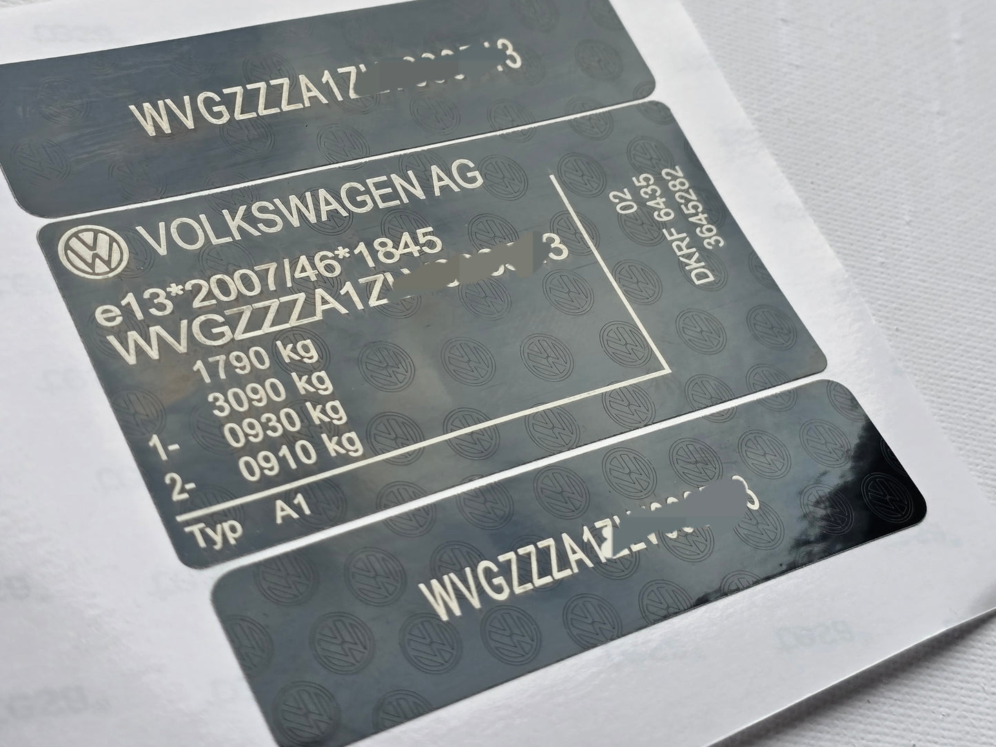 VINSHIELD UK vin stickers vinyl sheets showing Volkswagen chassis plates vin tags and anti tamper vin labels