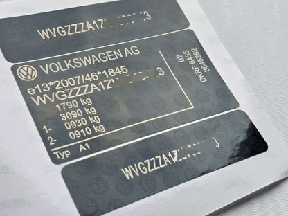 VW Volkswagen Golf 7.5 replacement VIN sticker set with official vehicle details and factory-style print